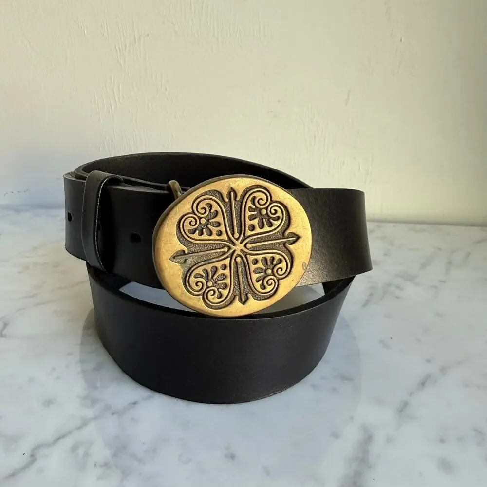 Vintage BTS Solid Brass Belt Buckle Made in USA Clover Floral Design